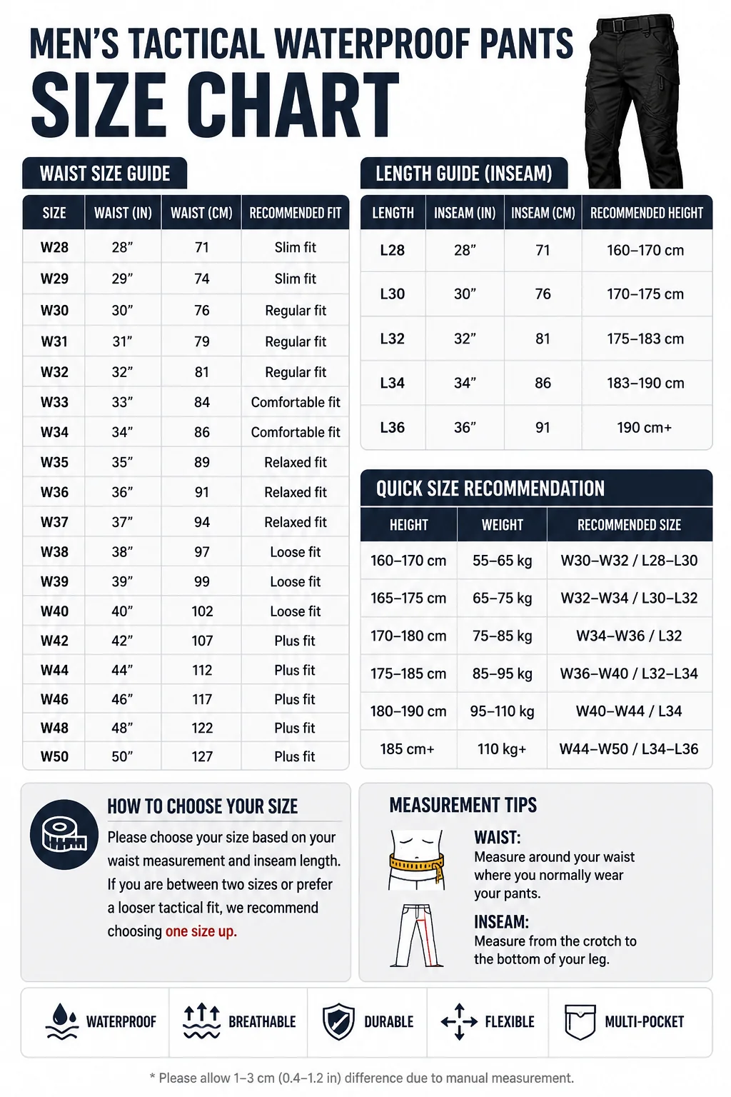 Men's Tactical Waterproof Pants Size Chart