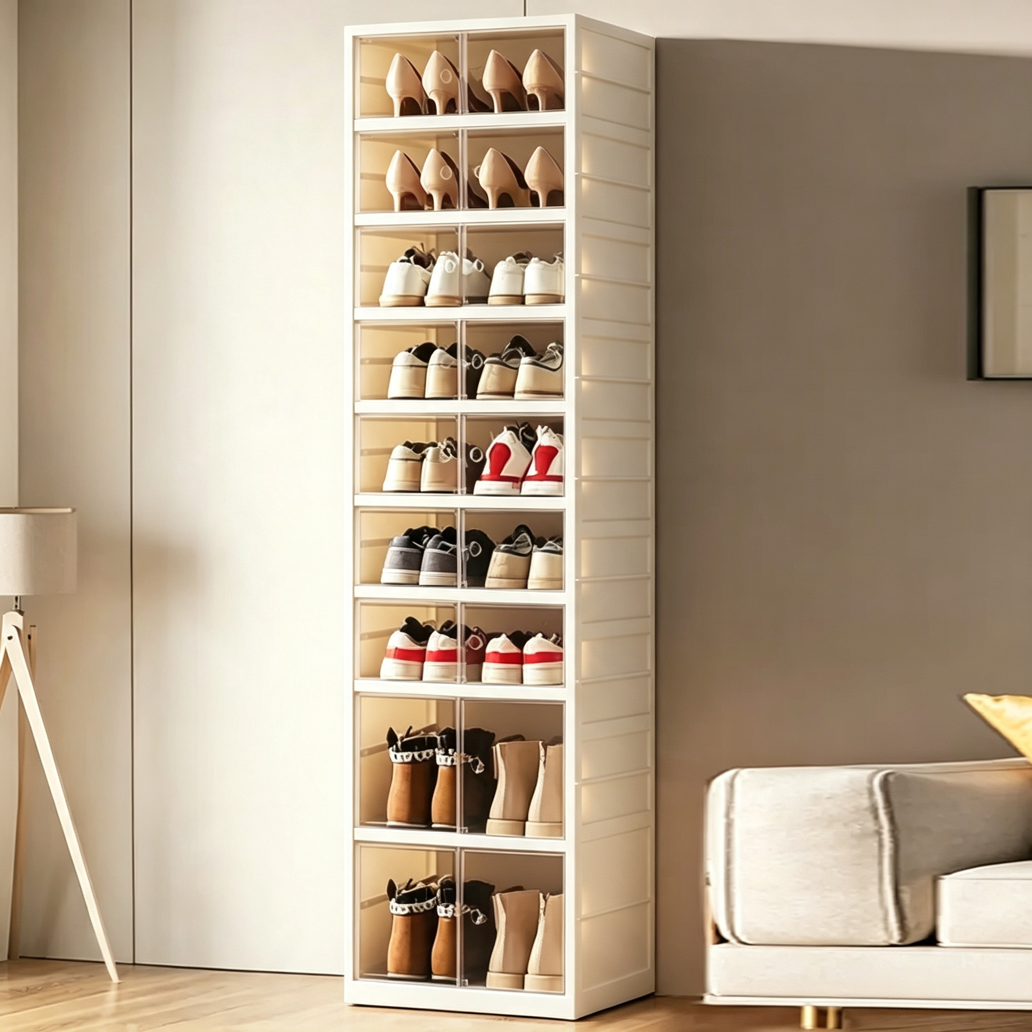 Black Foldable 9-Tier Shoe Rack Organizer with Clear Doors & Wheels, Space-Saving Storage Cabinet Holds 18 Pairs, Adjustable Height Plastic Magnetic Stackable Storage for Closet Bedroom