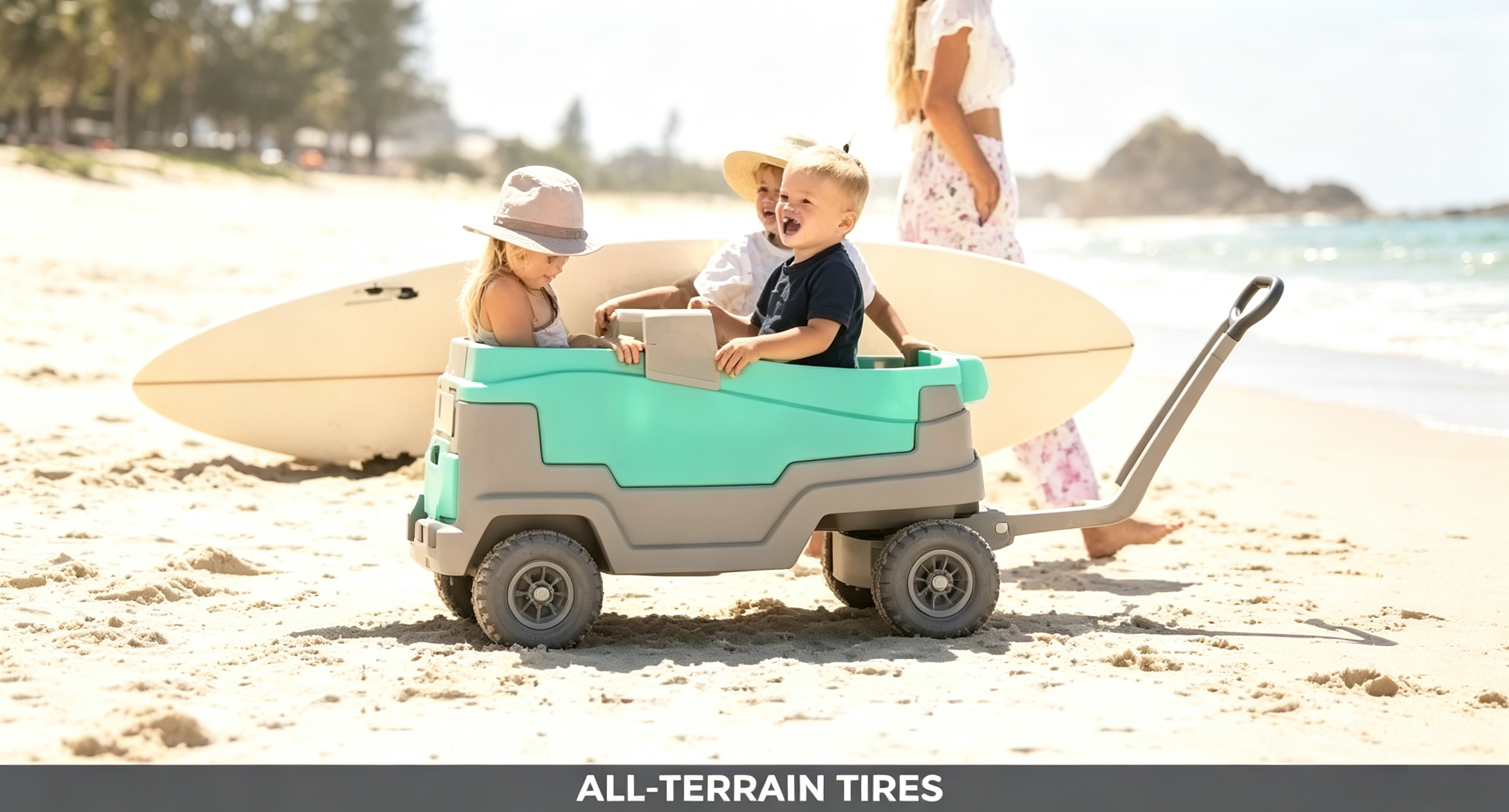 Hybrid Stroller Wagon, Holds Up To 4 Kids, Built‑In Insulated Cooler, All‑Terrain 9‑Inch Tires, 180° 5th‑Wheel Steering, Bench Seating For Beach Park Camping Outdoor Family Use