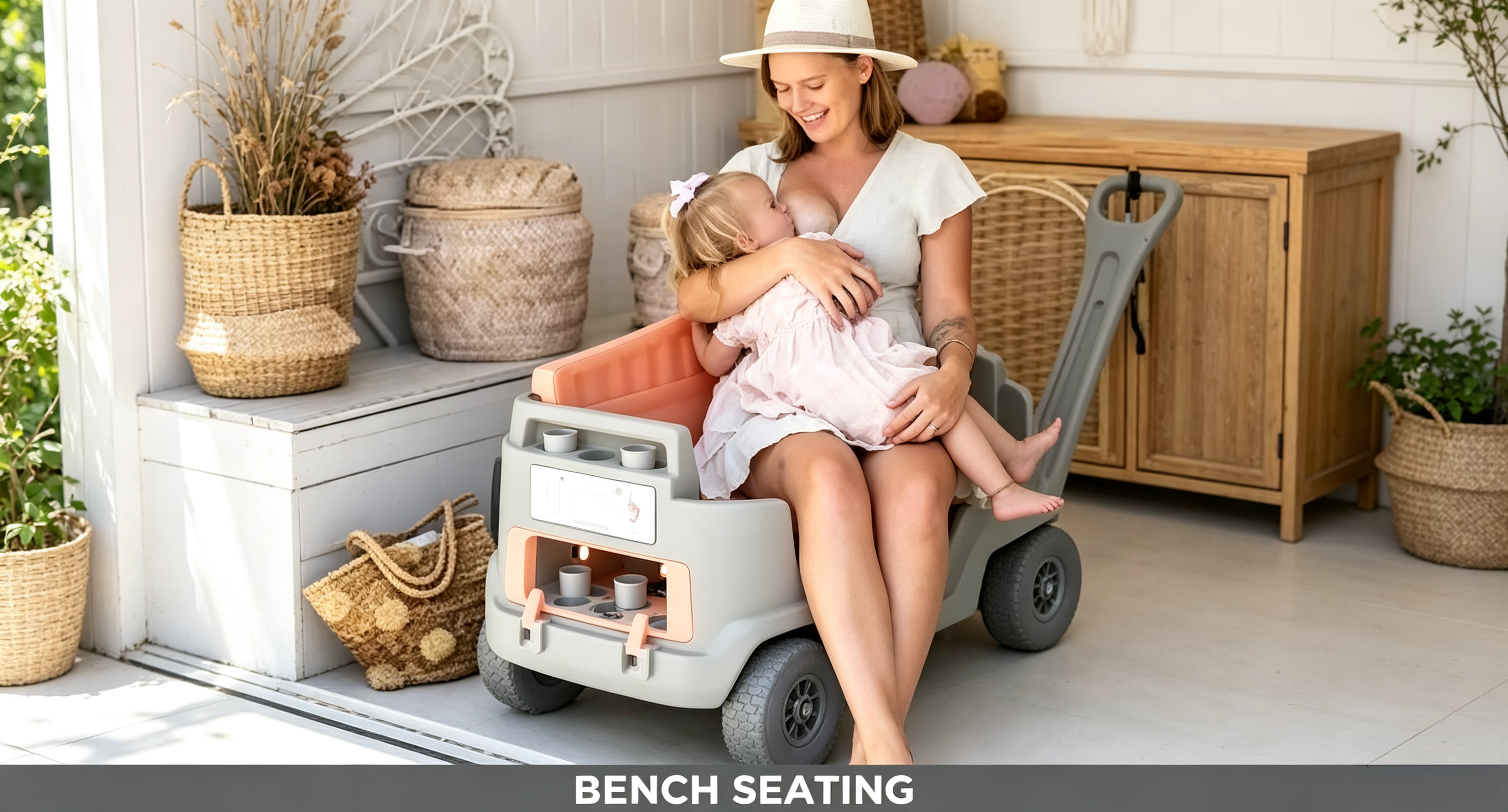 Hybrid Stroller Wagon, Holds Up To 4 Kids, Built‑In Insulated Cooler, All‑Terrain 9‑Inch Tires, 180° 5th‑Wheel Steering, Bench Seating For Beach Park Camping Outdoor Family Use