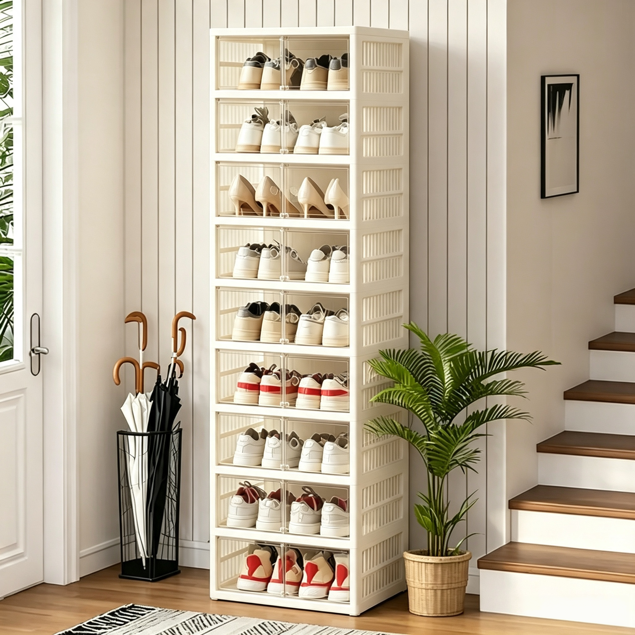 Black Foldable 9-Tier Shoe Rack Organizer with Clear Doors & Wheels, Space-Saving Storage Cabinet Holds 18 Pairs, Adjustable Height Plastic Magnetic Stackable Storage for Closet Bedroom