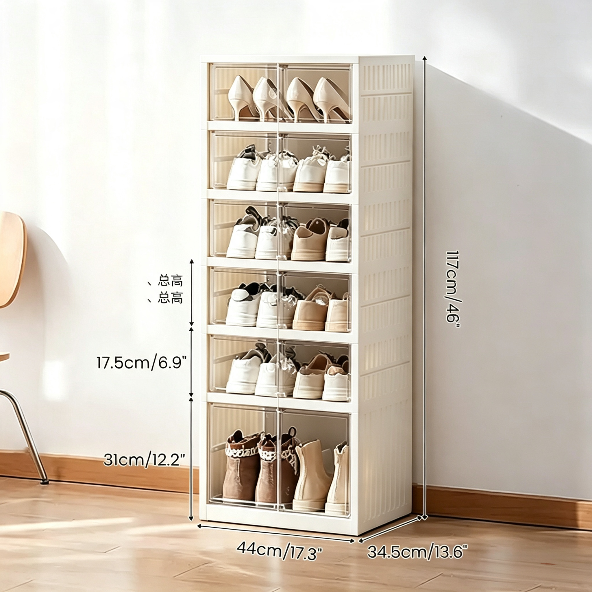 Black Foldable 9-Tier Shoe Rack Organizer with Clear Doors & Wheels, Space-Saving Storage Cabinet Holds 18 Pairs, Adjustable Height Plastic Magnetic Stackable Storage for Closet Bedroom