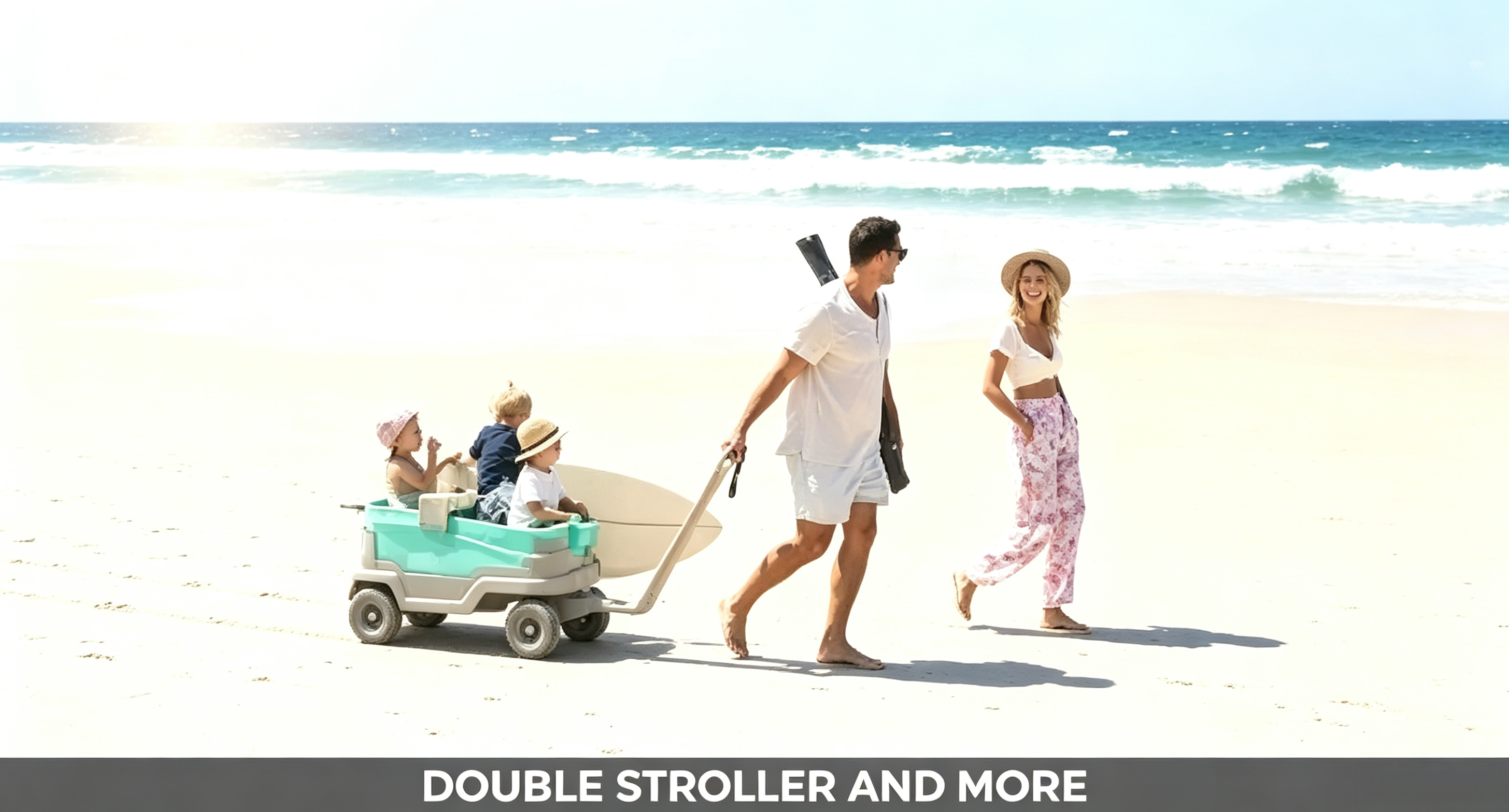Hybrid Stroller Wagon, Holds Up To 4 Kids, Built‑In Insulated Cooler, All‑Terrain 9‑Inch Tires, 180° 5th‑Wheel Steering, Bench Seating For Beach Park Camping Outdoor Family Use
