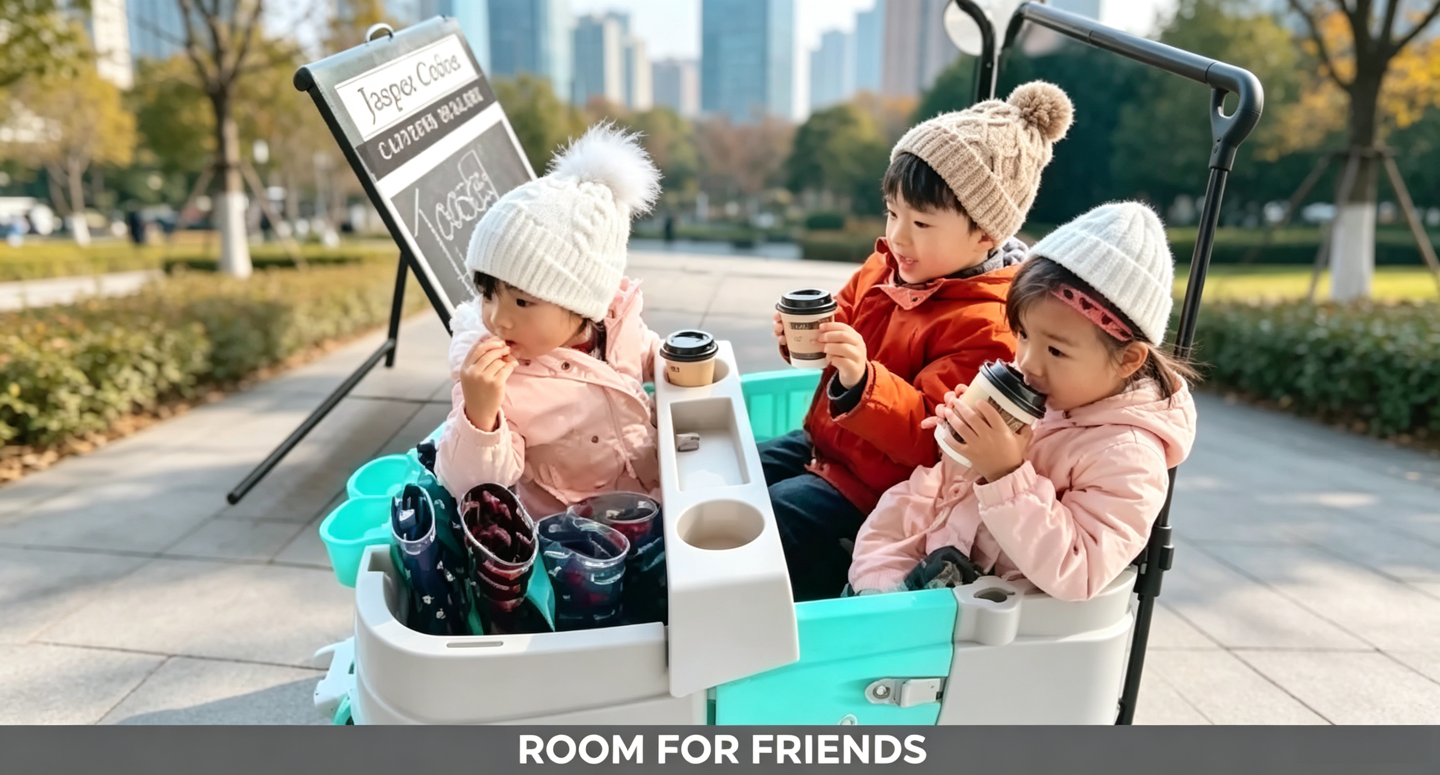 Hybrid Stroller Wagon, Holds Up To 4 Kids, Built‑In Insulated Cooler, All‑Terrain 9‑Inch Tires, 180° 5th‑Wheel Steering, Bench Seating For Beach Park Camping Outdoor Family Use