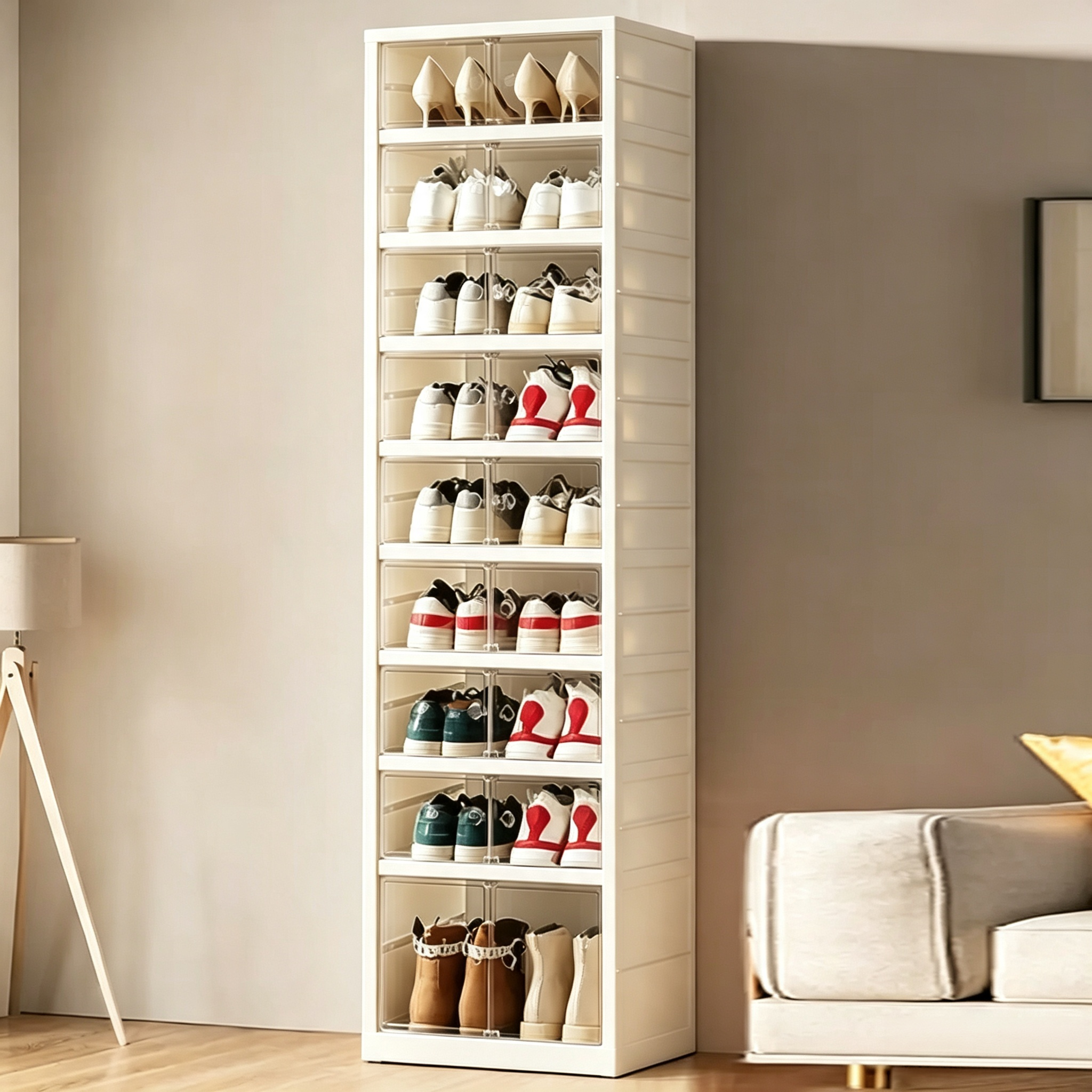 Black Foldable 9-Tier Shoe Rack Organizer with Clear Doors & Wheels, Space-Saving Storage Cabinet Holds 18 Pairs, Adjustable Height Plastic Magnetic Stackable Storage for Closet Bedroom