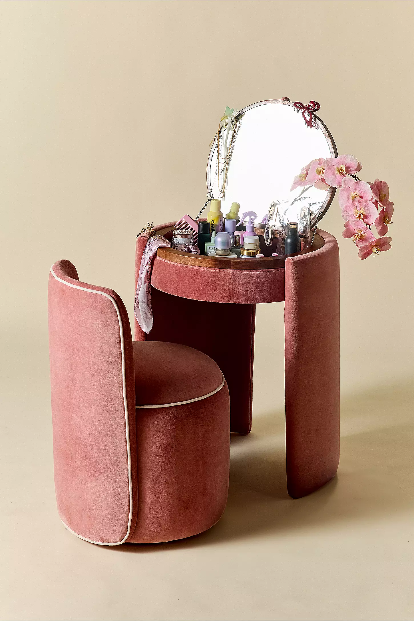 Jane Stripe Vanity Desk and Chair Set - Space-Saving Hidden Storage Dressing Table