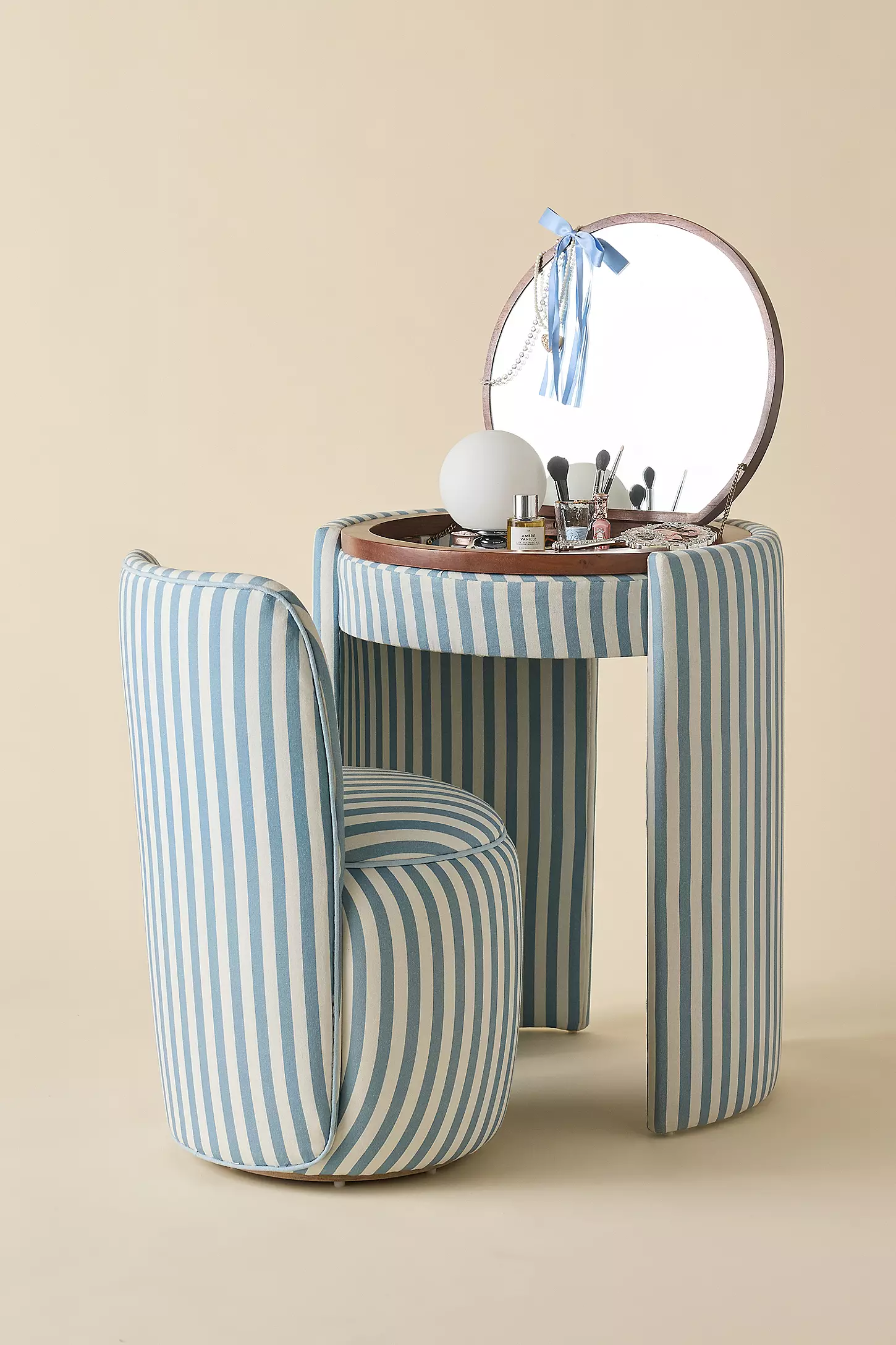 Jane Stripe Vanity Desk and Chair Set - Space-Saving Hidden Storage Dressing Table