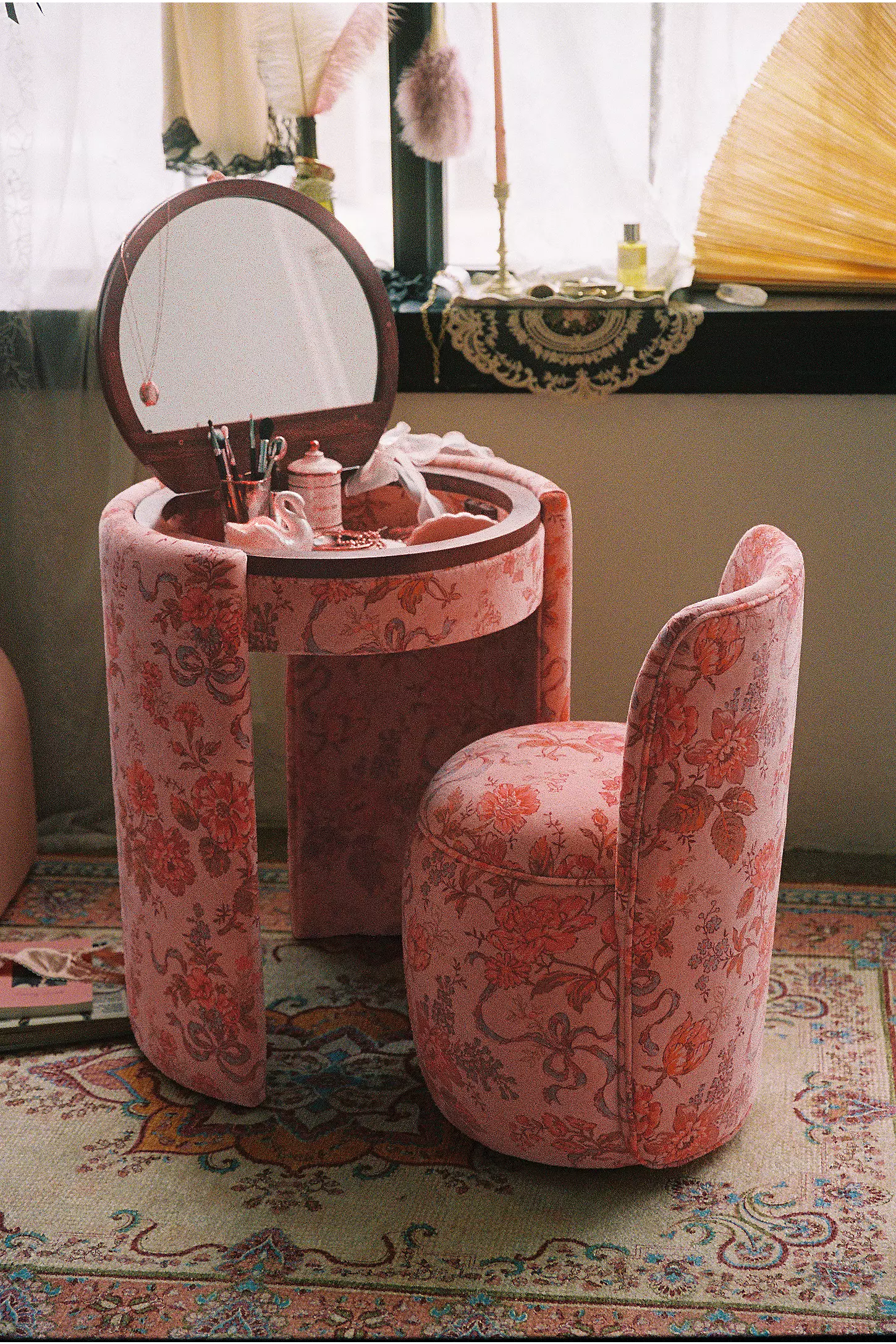 Jane Stripe Vanity Desk and Chair Set - Space-Saving Hidden Storage Dressing Table