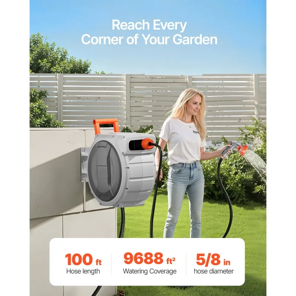 VEVOR Wall-Mounted Retractable Garden Hose Reel with 9-Mode Nozzle & Auto-Rewind