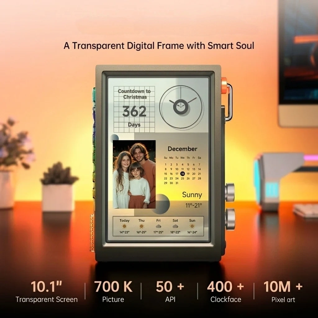 Transparent Smart Desk Display, Photo & Video Sharing, RGB Light for Desk Setup, Digital Photo Frame, WFH Work Photo Frame Functionality