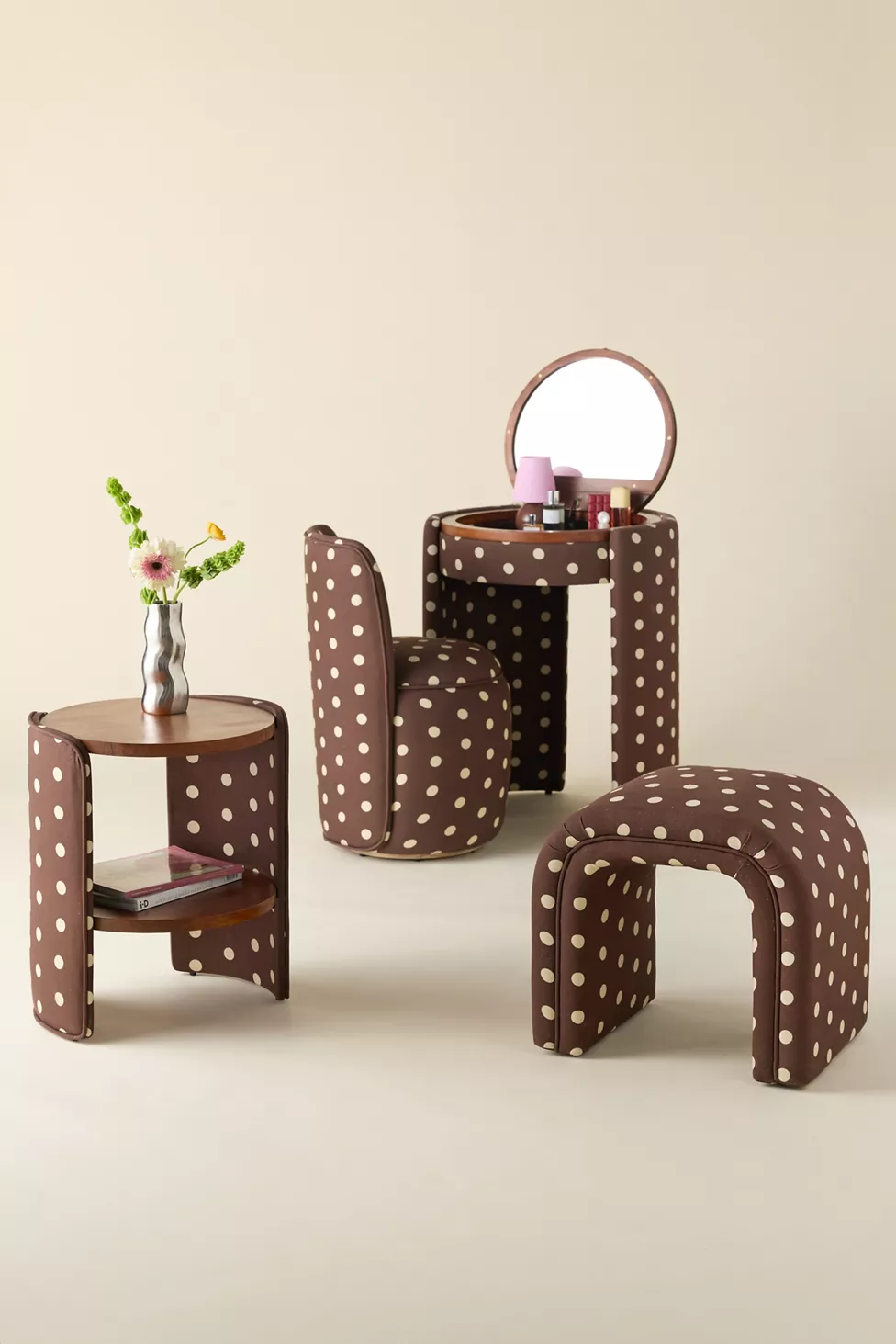 Jane Stripe Vanity Desk and Chair Set - Space-Saving Hidden Storage Dressing Table