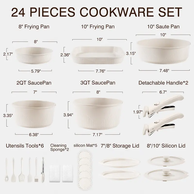 *24/7/5 Piece Aluminum Non-Stick Cookware Set with Detachable Handles, Stackable Space Saving Pots & Pans, Oven & Dishwasher Safe for RV, Camping & Small Kitchens