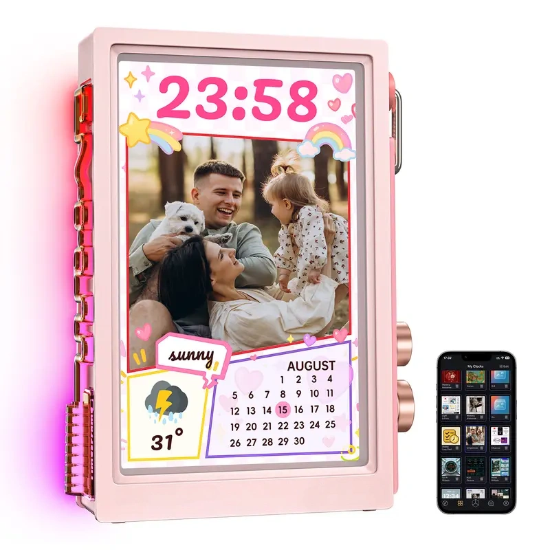 Transparent Smart Desk Display, Photo & Video Sharing, RGB Light for Desk Setup, Digital Photo Frame, WFH Work Photo Frame Functionality