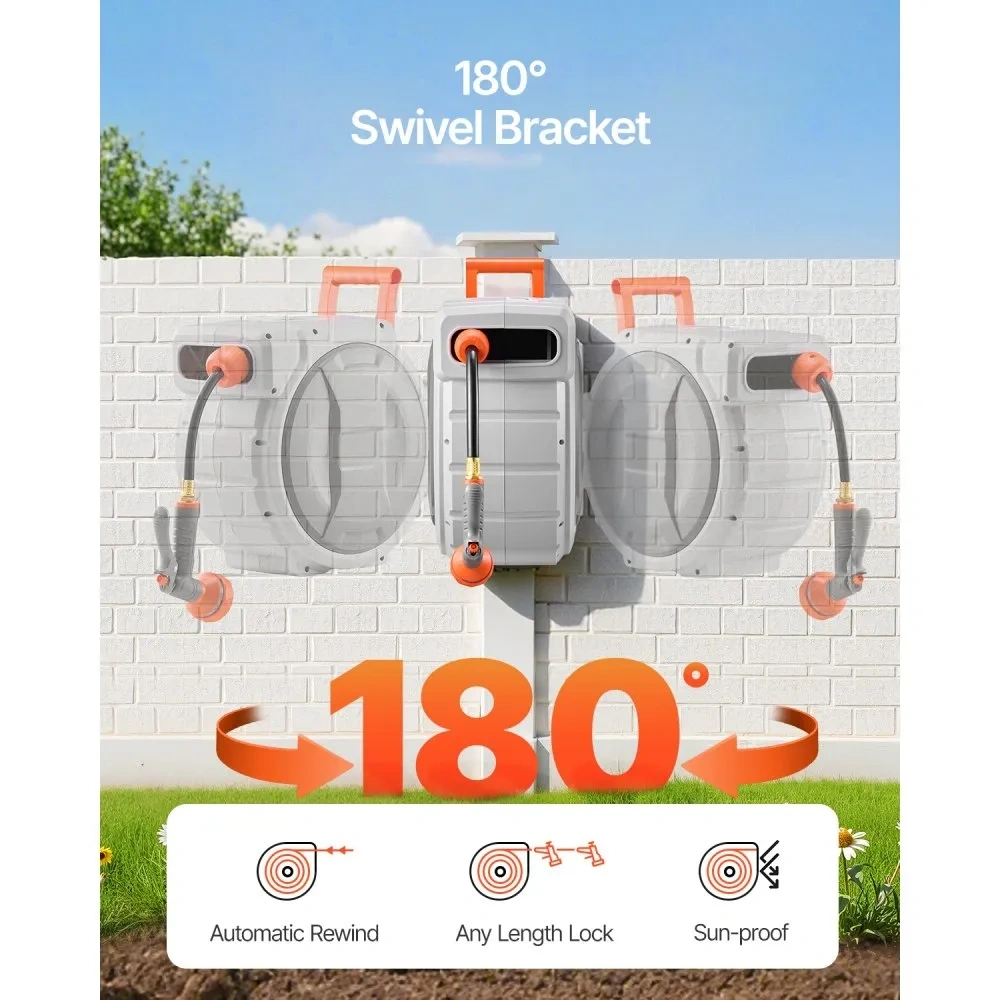 Wall-Mounted Retractable Garden Hose Reel with 9-Mode Nozzle & Safe Auto-Rewind