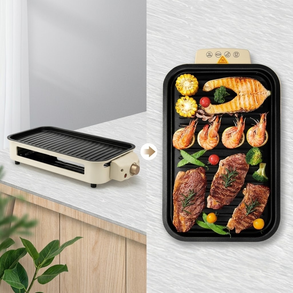 High-end Smokeless Electric Indoor Grill | 2-in-1 BBQ with Non-Stick Removable Plates & Temp Control Dishwasher Safe