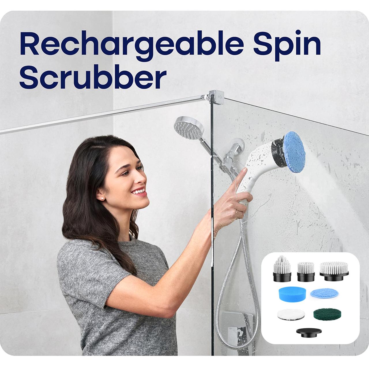 Electric Spin Scrubber Cordless Shower Cleaner with 8 Replaceable Brush Heads,3-Length Extendable Handle,Dual Speed,IPX7 Waterproof LED Display Cleaning Tool for Bathroom,Kitchen,Tub,Tile,Car & More,Cleaning Set,DealsForYouDays