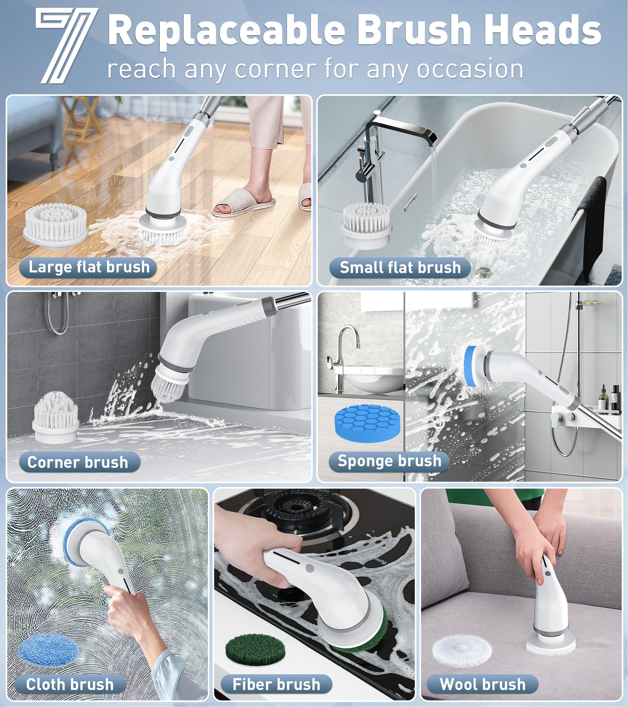 Electric Spin Scrubber Cordless Shower Cleaner with 8 Replaceable Brush Heads,3-Length Extendable Handle,Dual Speed,IPX7 Waterproof LED Display Cleaning Tool for Bathroom,Kitchen,Tub,Tile,Car & More,Cleaning Set,DealsForYouDays