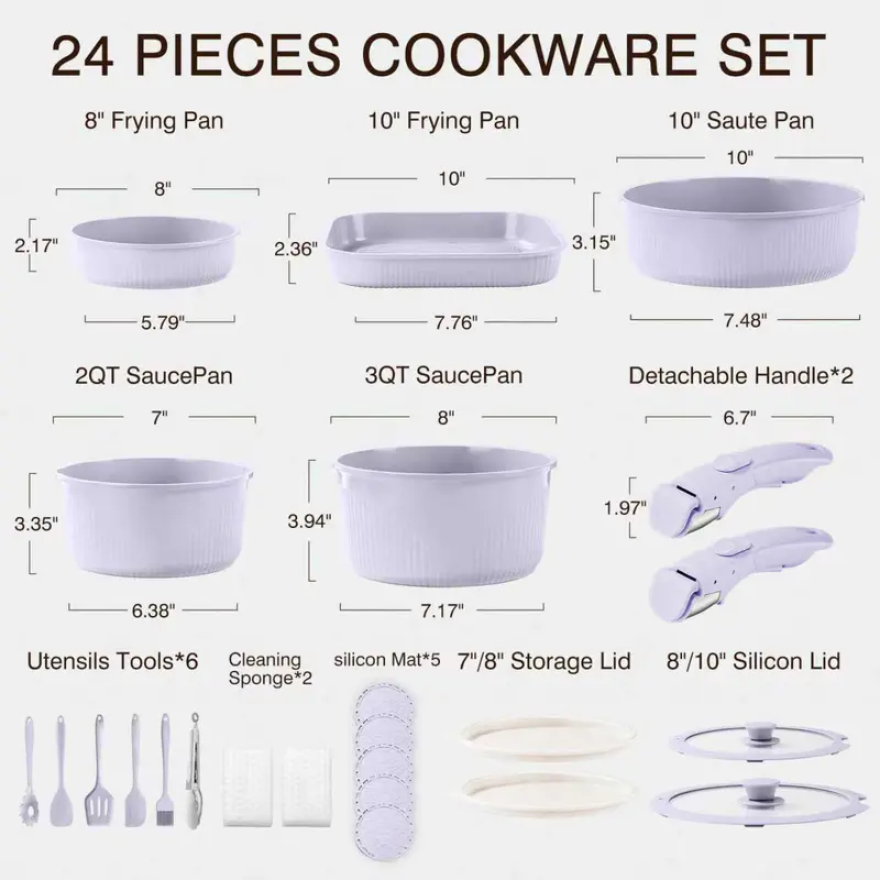 *24/7/5 Piece Aluminum Non-Stick Cookware Set with Detachable Handles, Stackable Space Saving Pots & Pans, Oven & Dishwasher Safe for RV, Camping & Small Kitchens