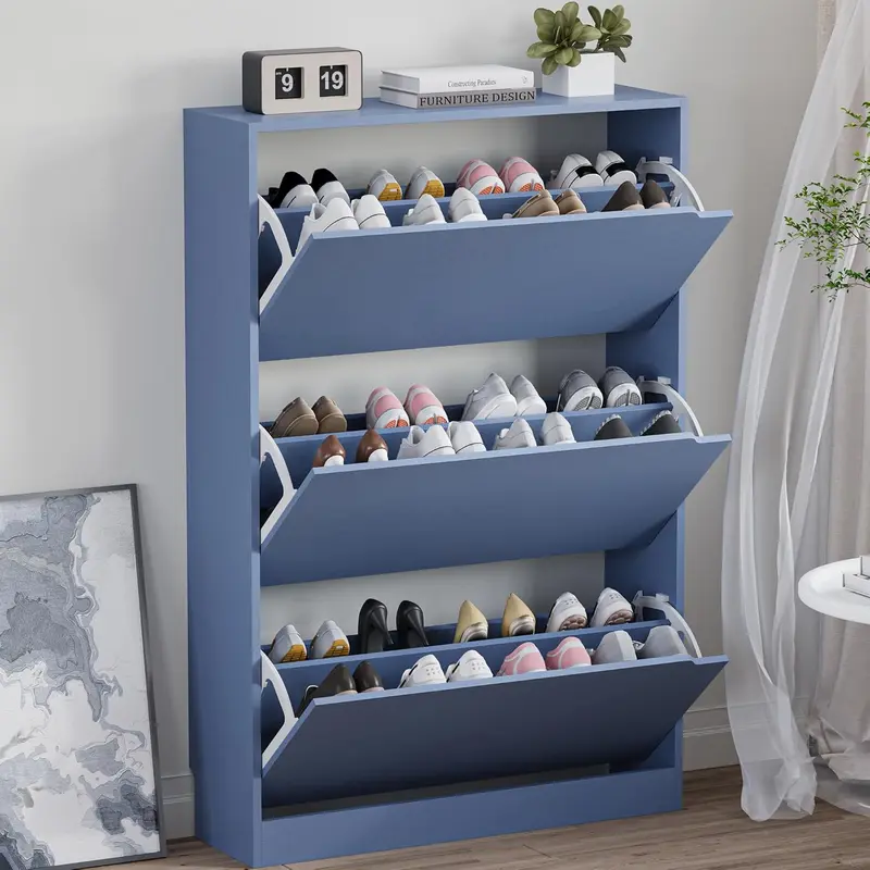 Natural Finish Adjustable Shoe Cabinet with Hidden Storage