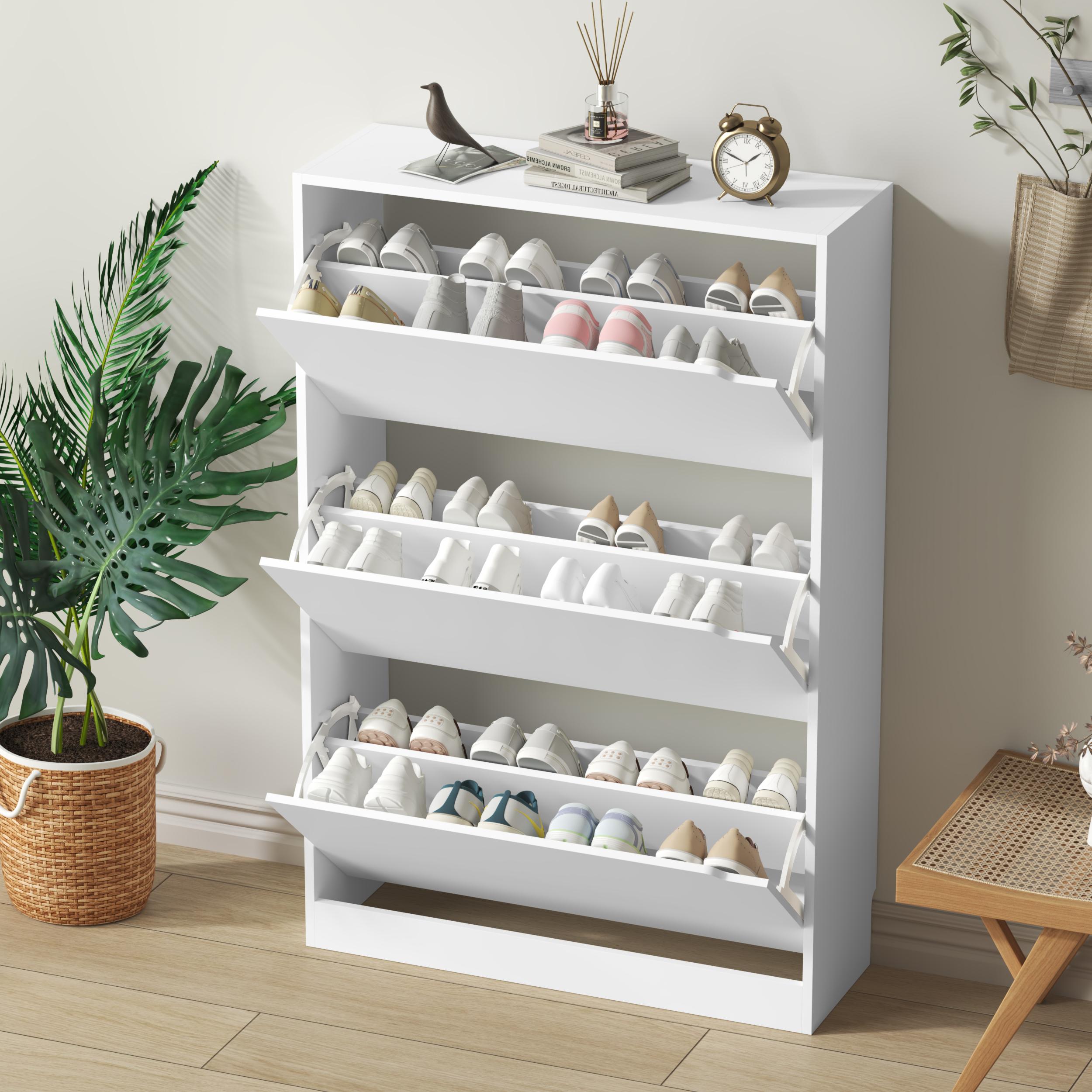 Natural Finish Adjustable Shoe Cabinet with Hidden Storage，Shoe Storage Cabinet with 3 Flip Drawers,Narrow Shoe Rack Cabinet,Freestanding Organizer Storage for small-sized multifunctional furniture White fathers day gift ideas,dorm essentials,home decor