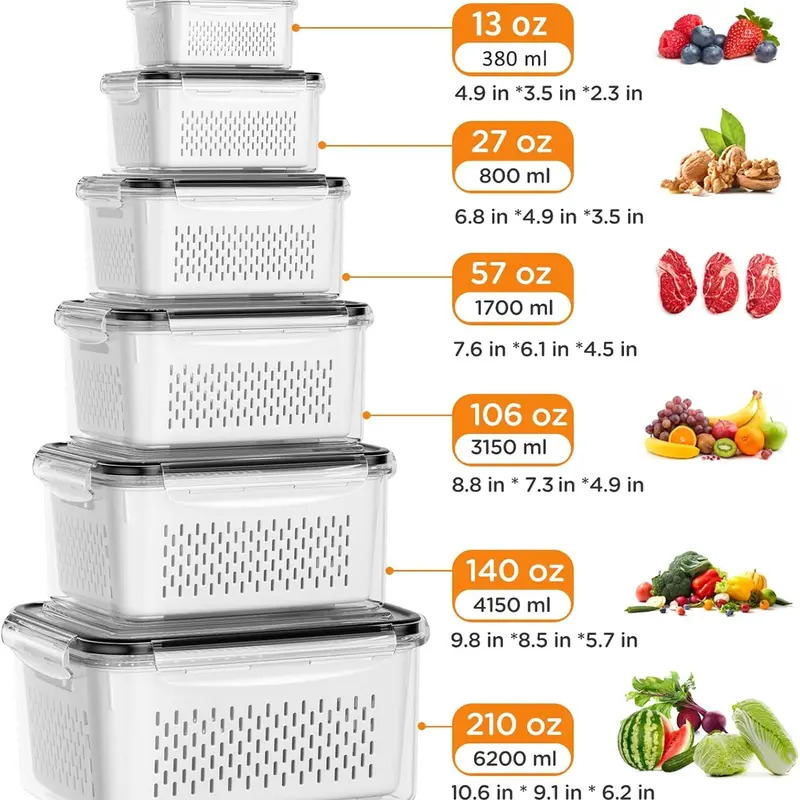Airtight Fridge Fruit Vegetable Storage Containers with Removable Drain Basket, BPA-Free Stackable Produce Organizer, Microwave & Dishwasher Safe Food Storage Boxes in Multiple Sizes