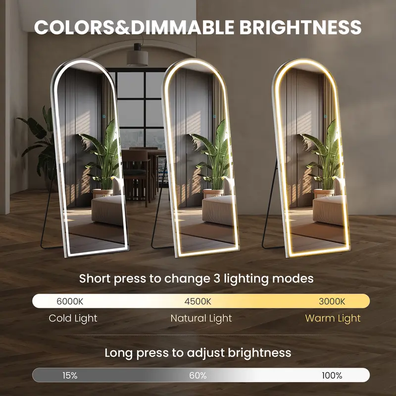 Arch LED Full Length Mirror, 3 Light Modes Stepless Dimmable Touch Control, HD Explosion-Proof Glass Aluminum Frame, 3 Ways to Place Standing/Leaning/Wall Mount, Multiple Sizes for Bedroom Dressing Room