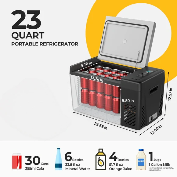 12V 23 Quart Portable Fridge Black For Travel