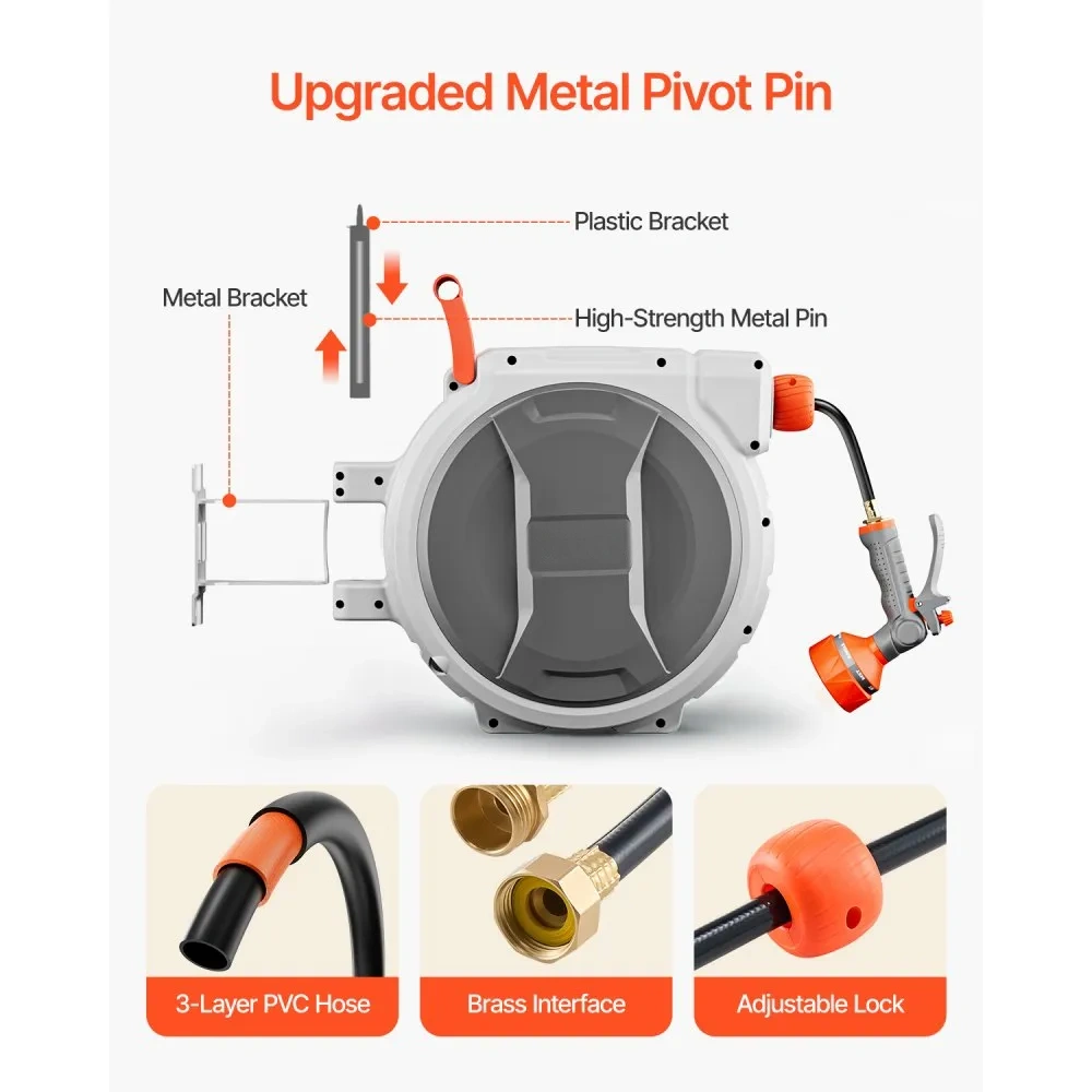 VEVOR Wall-Mounted Retractable Garden Hose Reel with 9-Mode Nozzle & Auto-Rewind