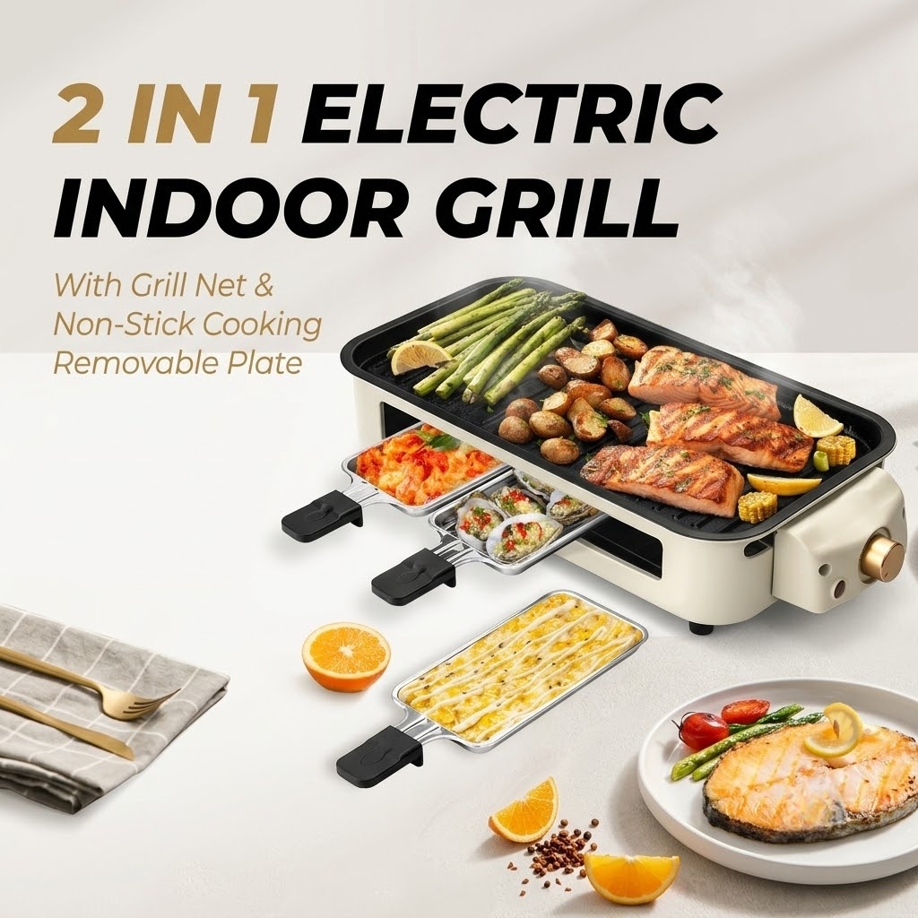 High-end Smokeless Electric Indoor Grill | 2-in-1 BBQ with Non-Stick Removable Plates & Temp Control Dishwasher Safe