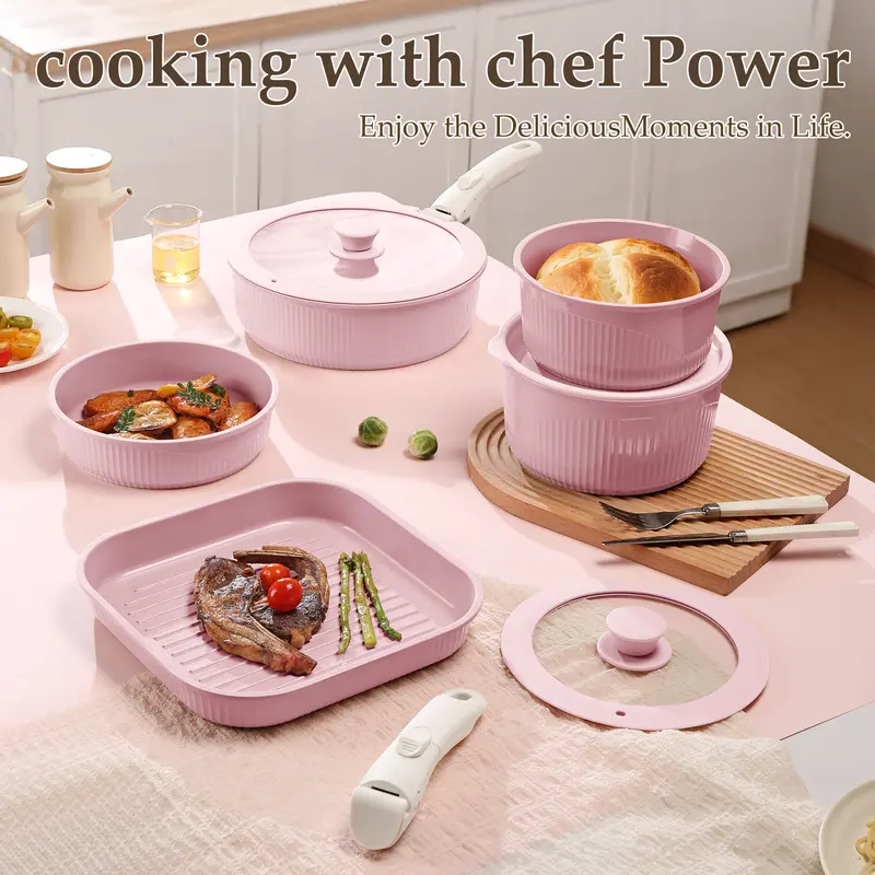 *24/7/5 Piece Aluminum Non-Stick Cookware Set with Detachable Handles, Stackable Space Saving Pots & Pans, Oven & Dishwasher Safe for RV, Camping & Small Kitchens
