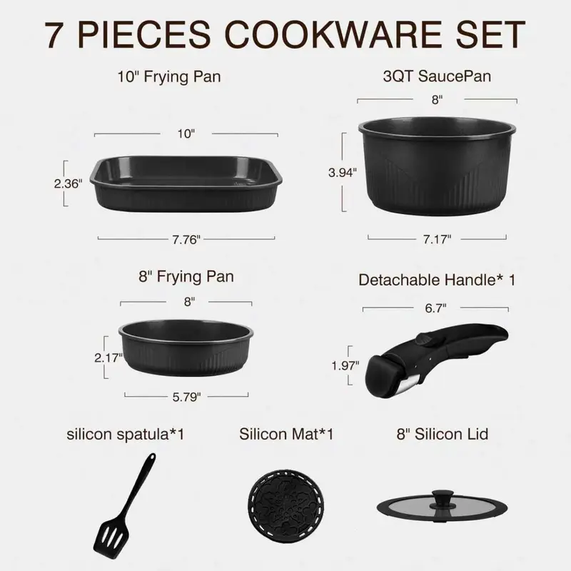 *24/7/5 Piece Aluminum Non-Stick Cookware Set with Detachable Handles, Stackable Space Saving Pots & Pans, Oven & Dishwasher Safe for RV, Camping & Small Kitchens
