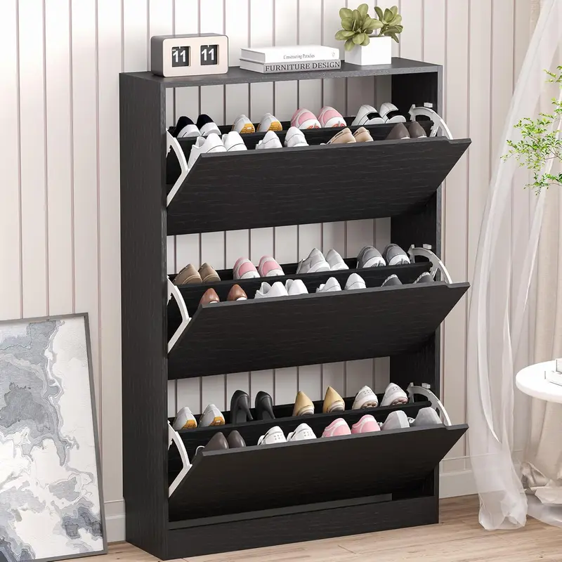 Natural Finish Adjustable Shoe Cabinet with Hidden Storage