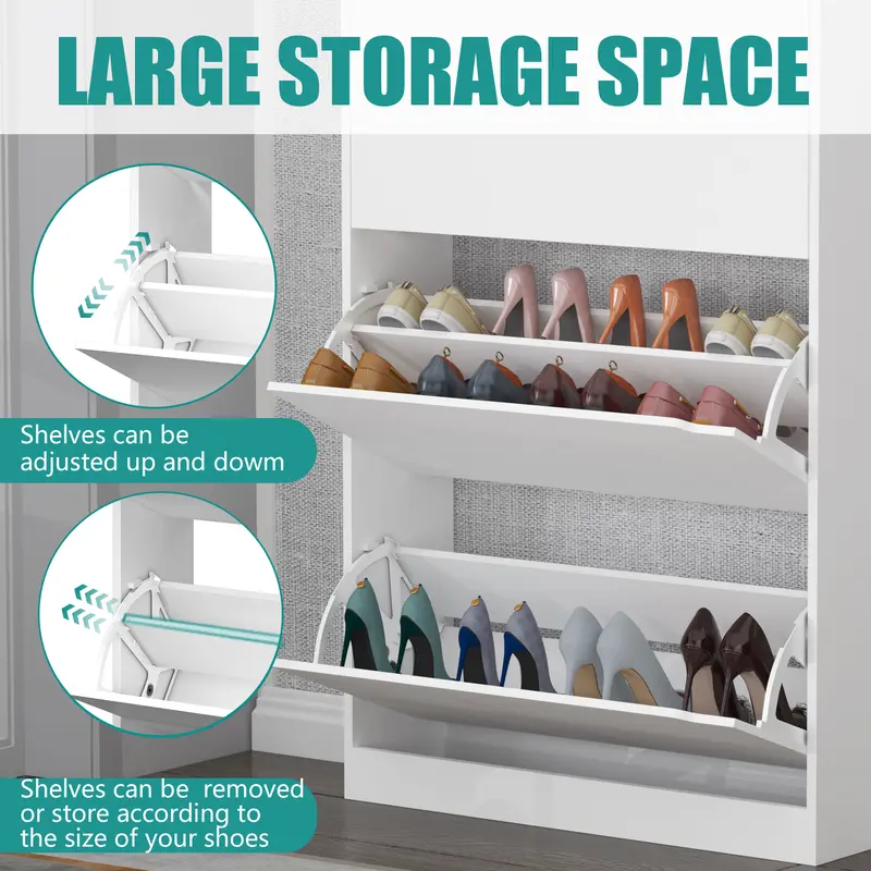 Natural Finish Adjustable Shoe Cabinet with Hidden Storage