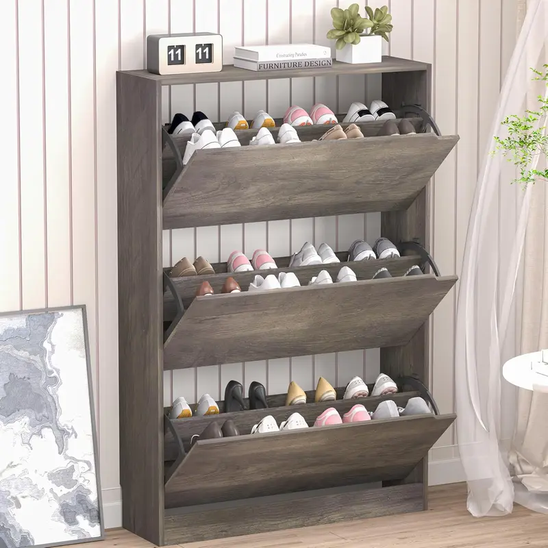 Natural Finish Adjustable Shoe Cabinet with Hidden Storage