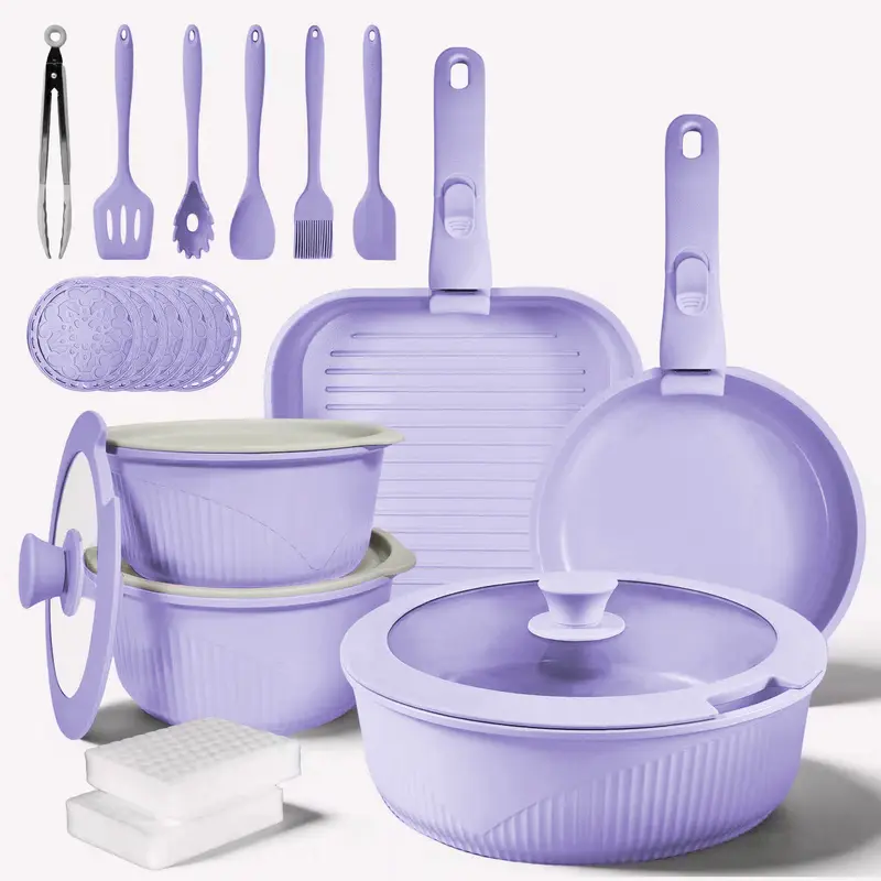 *24/7/5 Piece Aluminum Non-Stick Cookware Set with Detachable Handles, Stackable Space Saving Pots & Pans, Oven & Dishwasher Safe for RV, Camping & Small Kitchens