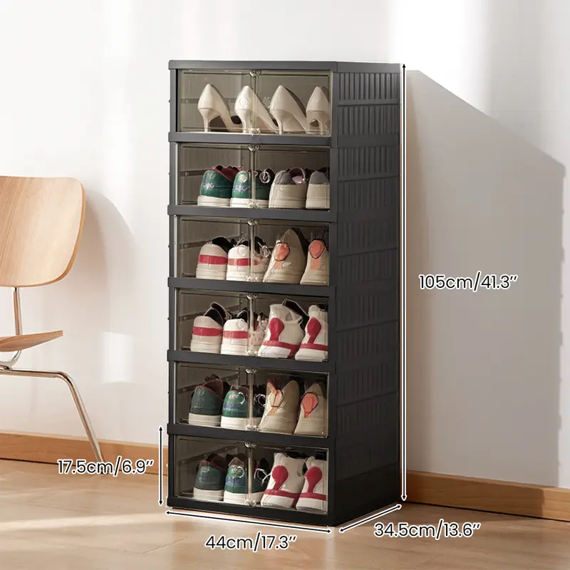Black Foldable 9-Tier Shoe Rack Organizer with Clear Doors & Wheels, Space-Saving Storage Cabinet Holds 18 Pairs, Adjustable Height Plastic Magnetic Stackable Storage for Closet Bedroom