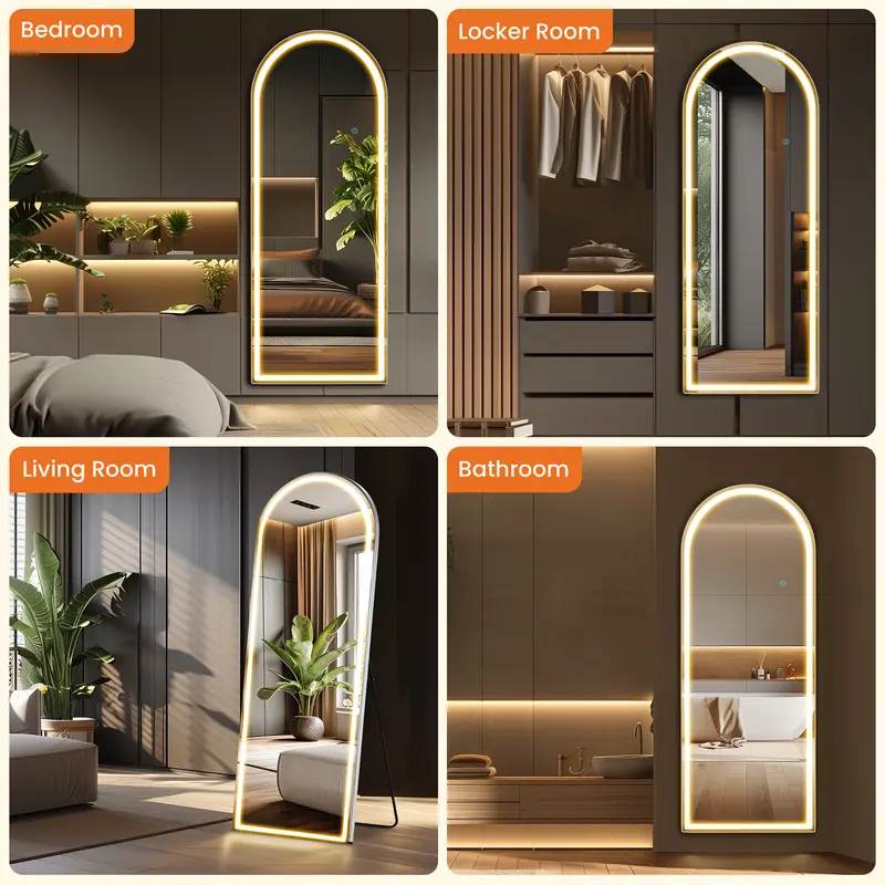 Arch LED Full Length Mirror, 3 Light Modes Stepless Dimmable Touch Control, HD Explosion-Proof Glass Aluminum Frame, 3 Ways to Place Standing/Leaning/Wall Mount, Multiple Sizes for Bedroom Dressing Room