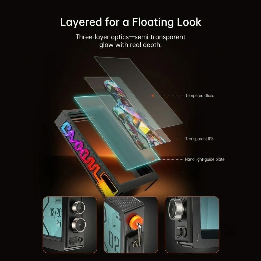 Transparent Smart Desk Display, Photo & Video Sharing, RGB Light for Desk Setup, Digital Photo Frame, WFH Work Photo Frame Functionality