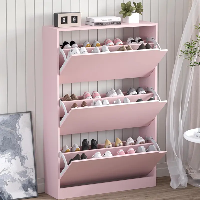 Natural Finish Adjustable Shoe Cabinet with Hidden Storage