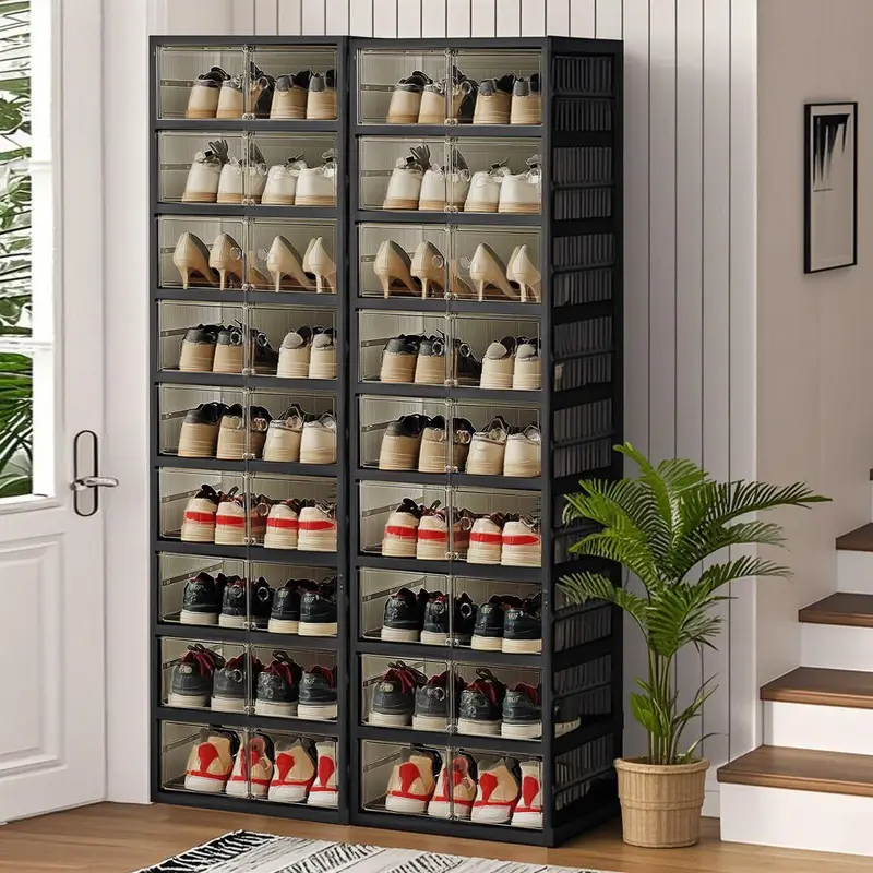 Black Foldable 9-Tier Shoe Rack Organizer with Clear Doors & Wheels, Space-Saving Storage Cabinet Holds 18 Pairs, Adjustable Height Plastic Magnetic Stackable Storage for Closet Bedroom