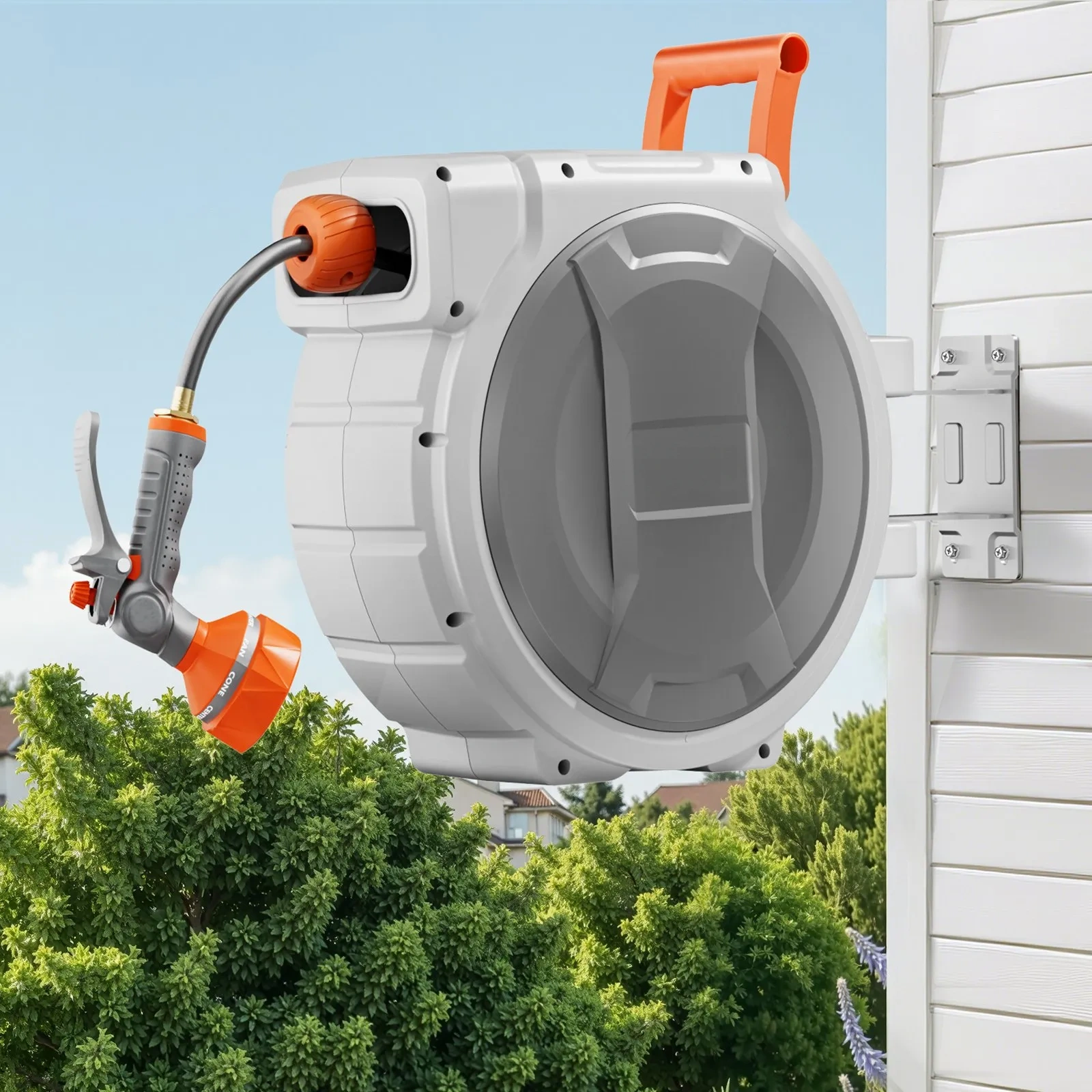 VEVOR Wall-Mounted Retractable Garden Hose Reel with 9-Mode Nozzle & Auto-Rewind