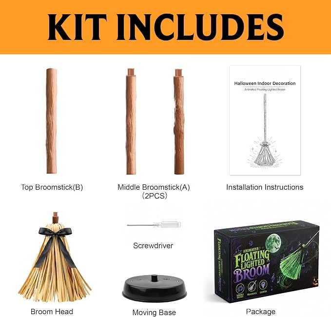 49" Animated Floating Witch Broom Indoor Halloween Decoration | Touch & Sound Activated, Auto-Avoidance