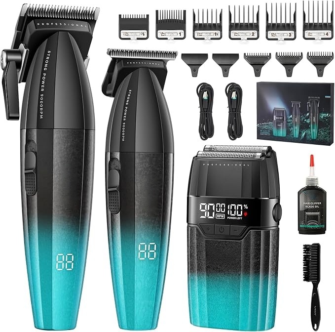 9000RPM Professional Barber Combo, Cordless Hair Clipper and Foil Shaver Grooming Kit for Men