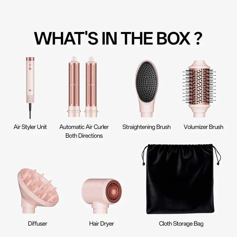 6‑in‑1 Hot Air Styler Set, Interchangeable Attachments for Drying Straightening Curling Volumizing, Negative‑Ion Hair Care, Dual‑Voltage Travel Hair Styling Tool with Storage Bag