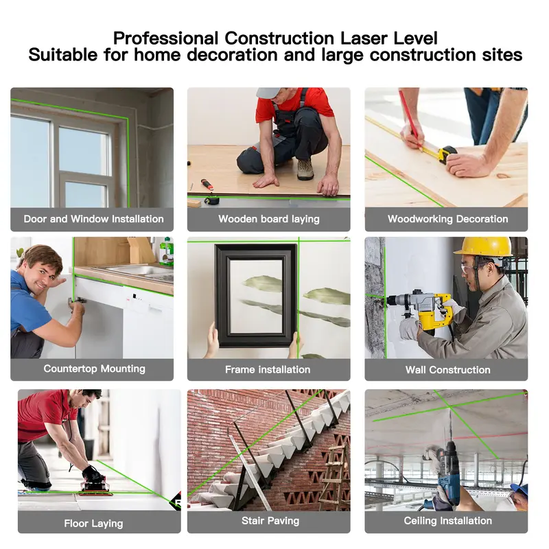 12‑Line Green Laser Level, 3×360° Self‑Leveling Cross Line Laser with Remote Control, 2×2000mAh Batteries, Full Accessories Kit for Tiling Cabinet Installation Indoor Outdoor Construction