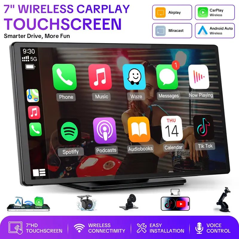 2026 Upgraded Portable Wireless CarPlay Screen for Android and iPhone, Dashboard Touch Screen Car Monitor, Multimedia Radio Receiver with Bluetooth/Navigation, Car Accessories