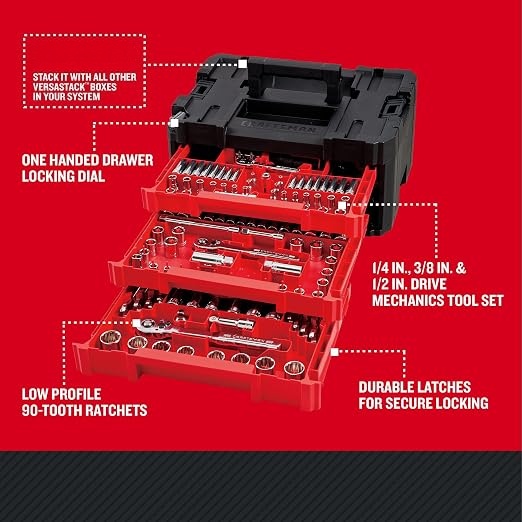 262-Piece Mechanics Socket Wrench Set, 90-Tooth Low Profile Ratchet, SAE & Metric, 3-Drawer Stackable Storage Box for Auto Repair