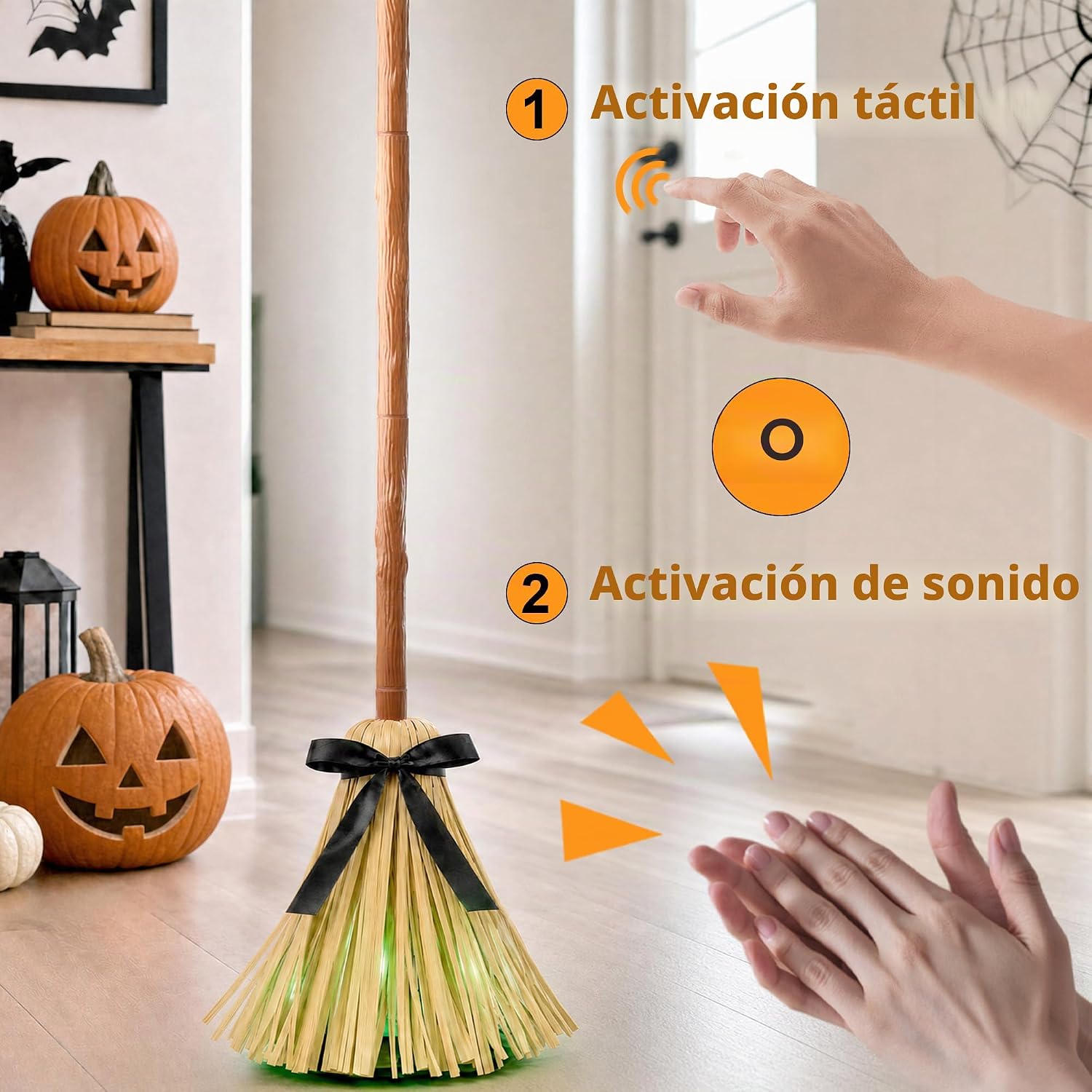 49" Animated Floating Witch Broom Indoor Halloween Decoration | Touch & Sound Activated, Auto-Avoidance