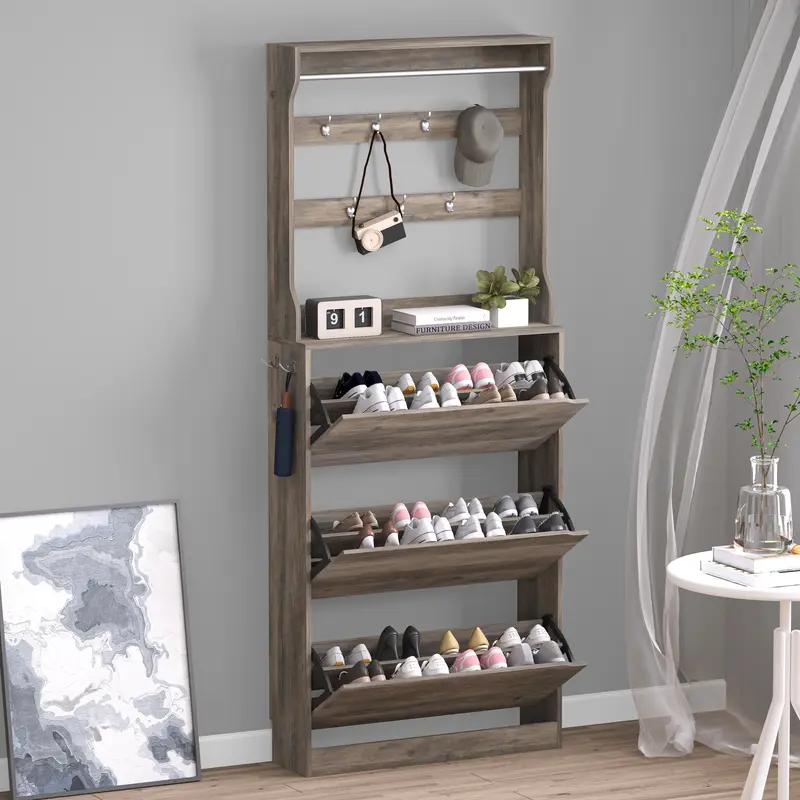 Natural Finish Adjustable Shoe Cabinet with Hidden Storage