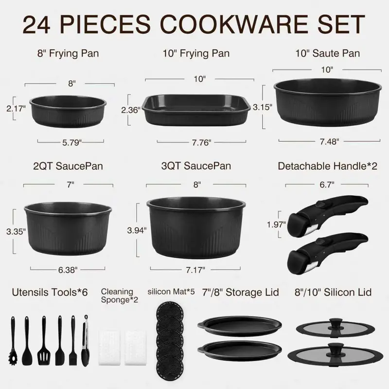 *24/7/5 Piece Aluminum Non-Stick Cookware Set with Detachable Handles, Stackable Space Saving Pots & Pans, Oven & Dishwasher Safe for RV, Camping & Small Kitchens